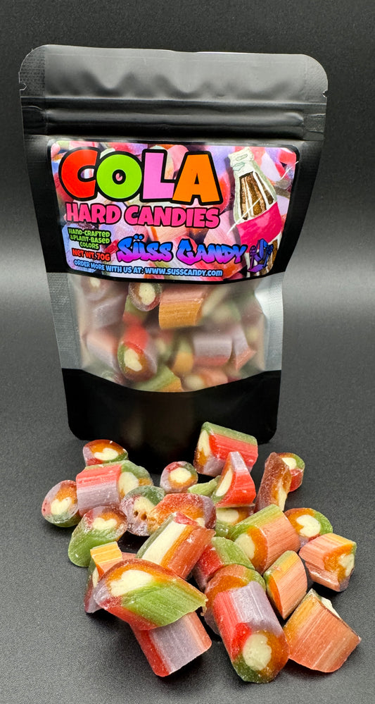Bag of Cola Hard Candies with candies spilling out on a gray background